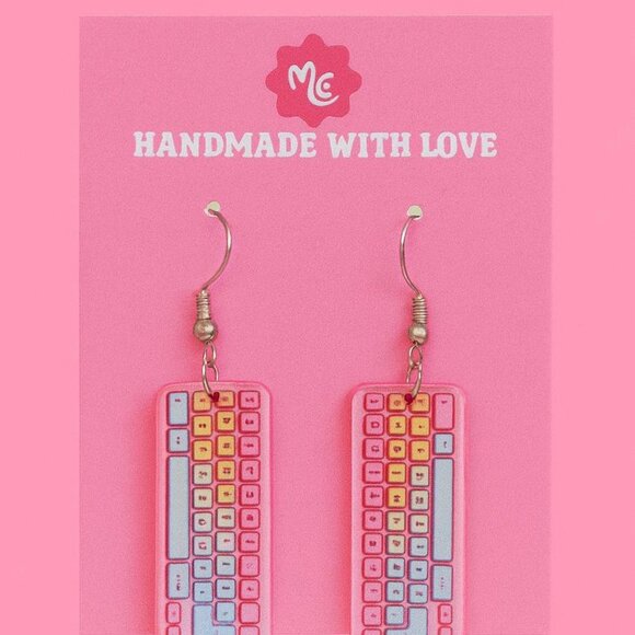 Pink Keyboard Earrings — Cute Gamer Girl Pastel Tech Dangle Jewelry - Picture 3 of 4